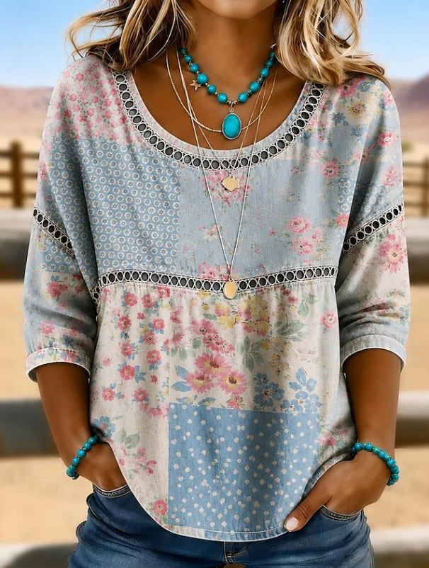 Alina | Boho Embroidered Everyday V-Neck Top — Blue — Alfa Empire, view 1