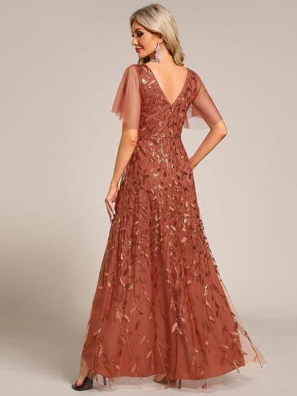 Sequin Short Sleeve High Low V-Neck Midi Formal Wedding Guest Dress