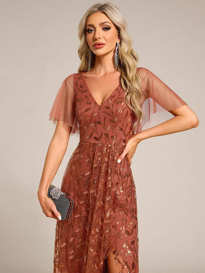 Sequin Short Sleeve High Low V-Neck Midi Formal Wedding Guest Dress