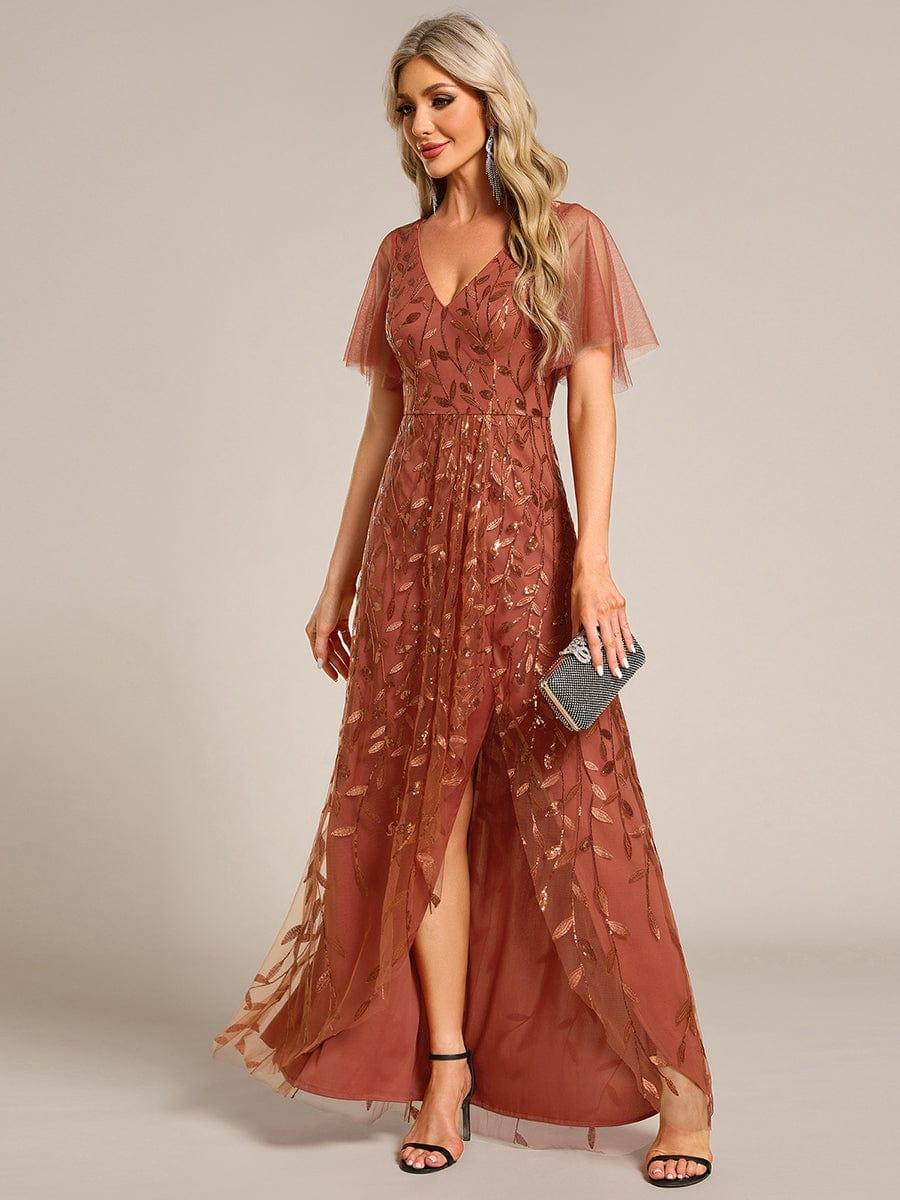 Sequin Short Sleeve High Low V-Neck Midi Formal Wedding Guest Dress