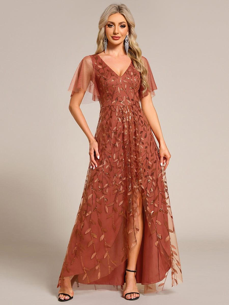 Sequin Short Sleeve High Low V-Neck Midi Formal Wedding Guest Dress