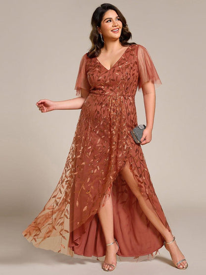 Sequin Short Sleeve High Low V-Neck Midi Formal Wedding Guest Dress — Burnt Orange