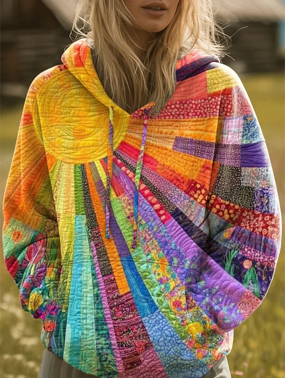 Alyssa | Bohemian Multicolor Patchwork Hoodie — MultiColor — Alfa Empire, view 1
