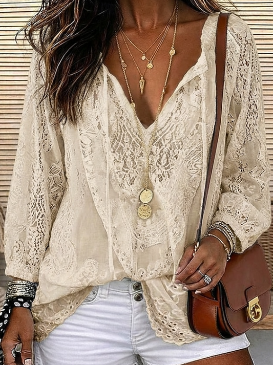 Amara | Boho Lace V-Neck Kimono Cardigan Top — Beige — Alfa Empire, view 2