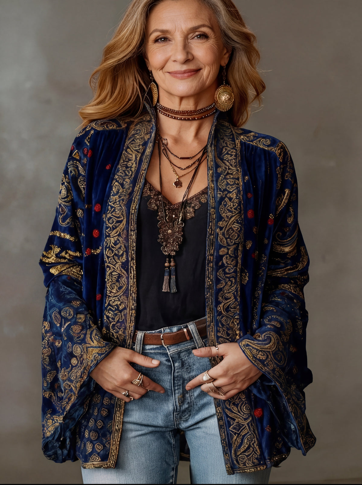 Amelie | Modern Velvet-Touch Bohemian Cardigan — Midnight Blue — Alfa Empire, view 2