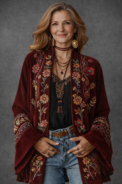Amelie | Modern Velvet-Touch Bohemian Cardigan — Burgundy Floral — Alfa Empire, view 6