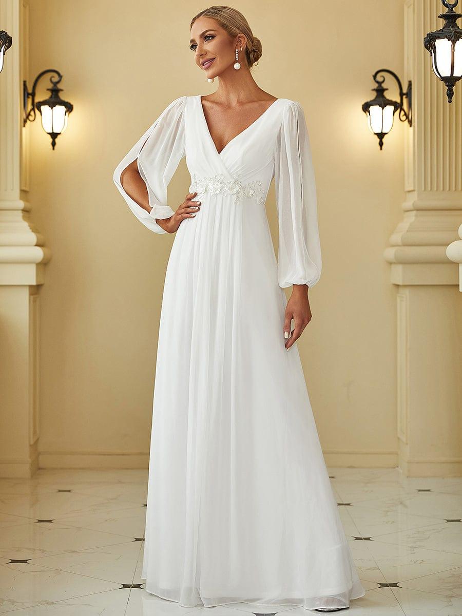 Chiffon V-Neckline Long Sleeve Wedding Guest Dress — Cream