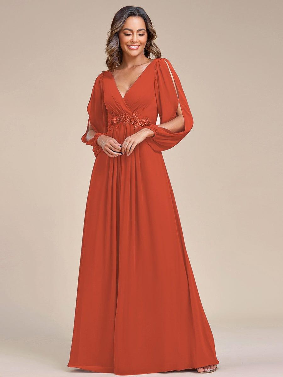 Chiffon V-Neckline Long Sleeve Wedding Guest Dress — Burnt Orange