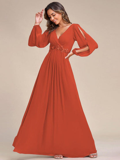 Chiffon V-Neckline Long Sleeve Wedding Guest Dress