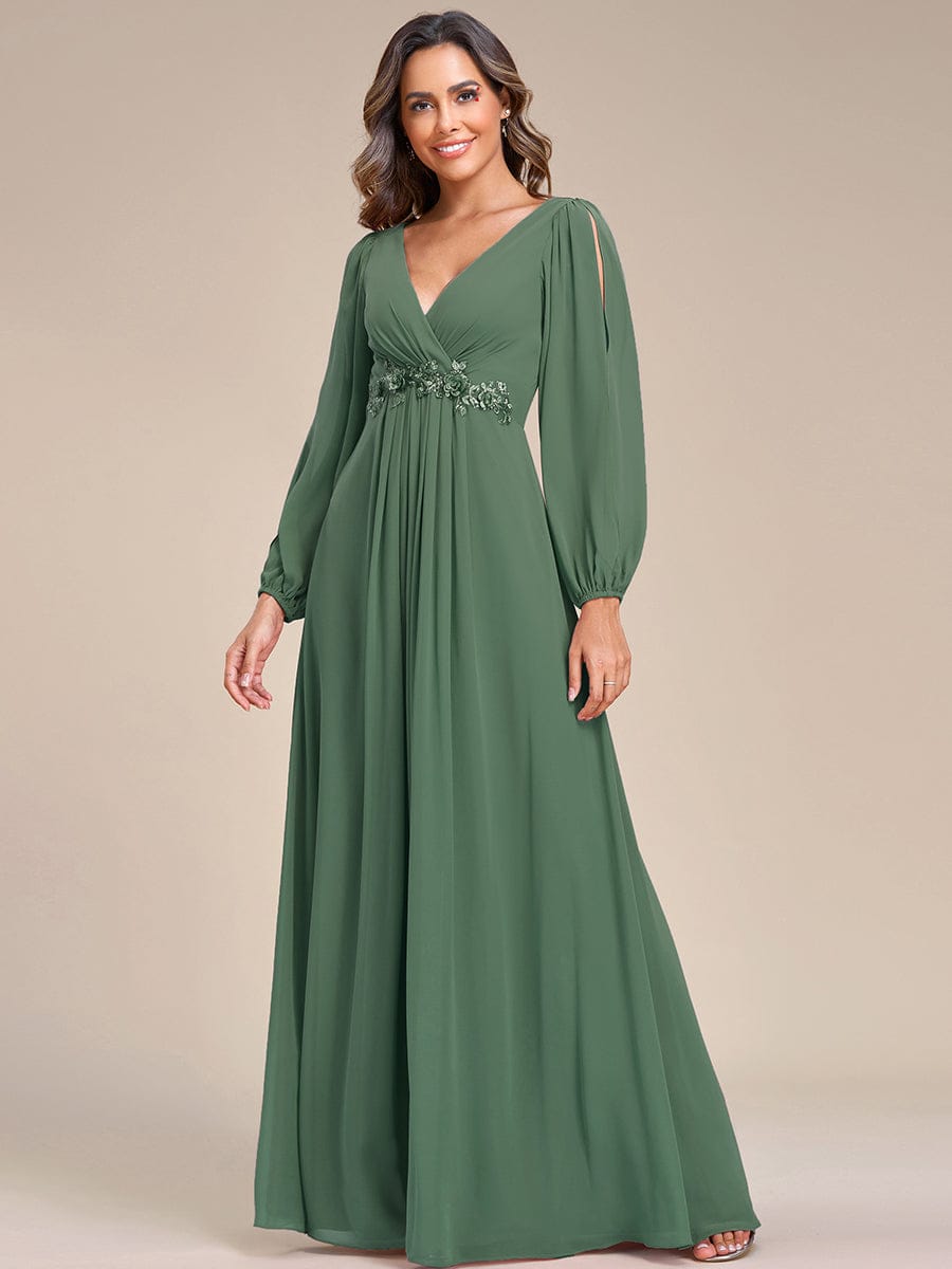 Chiffon V-Neckline Long Sleeve Wedding Guest Dress — Eucalyptus