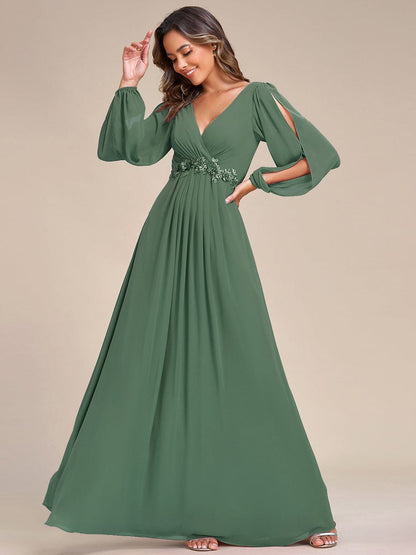 Chiffon V-Neckline Long Sleeve Wedding Guest Dress