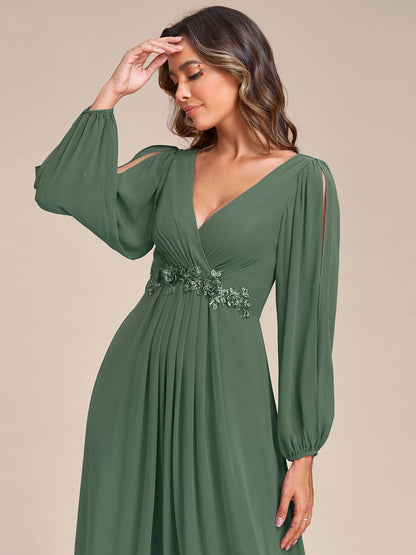 Chiffon V-Neckline Long Sleeve Wedding Guest Dress