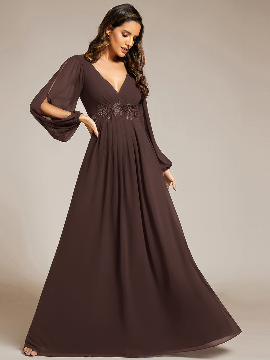 Chiffon V-Neckline Long Sleeve Wedding Guest Dress — Espresso