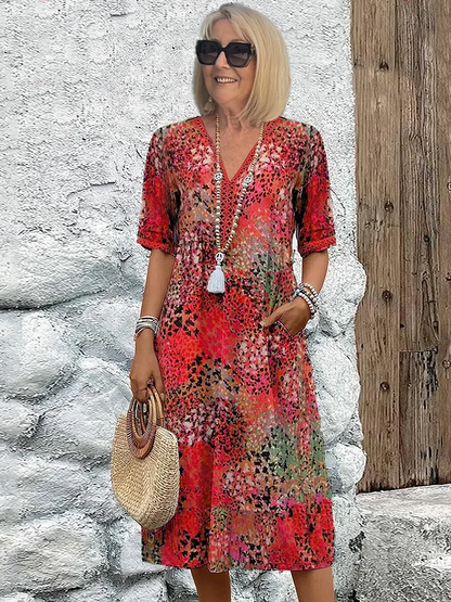 Arabella | Vibrant Pattern Midi Dress — Scarlet Red — Alfa Empire, view 2