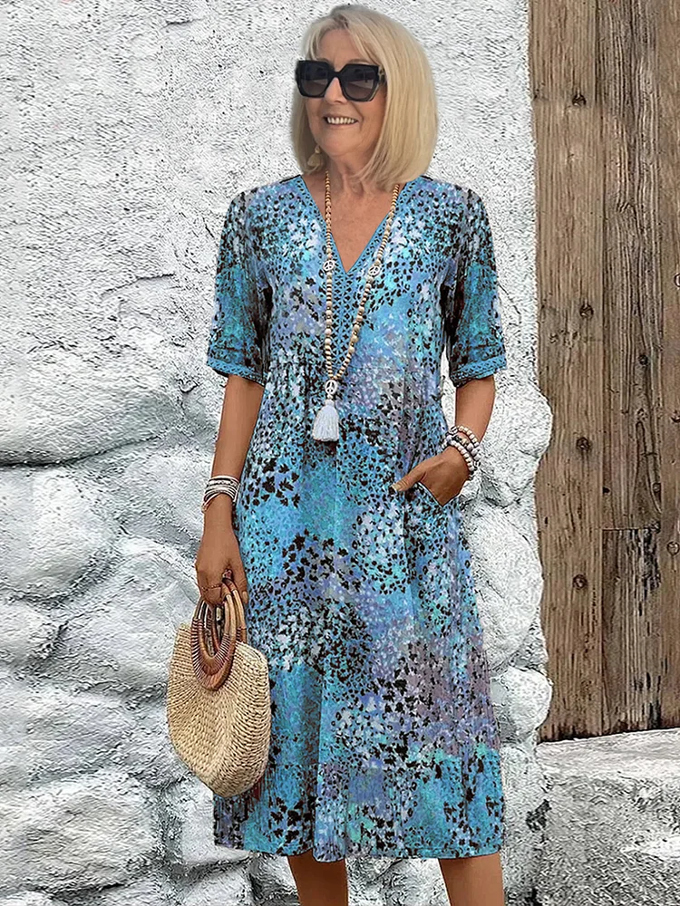 Arabella | Vibrant Pattern Midi Dress — Ocean Blue — Alfa Empire, view 3