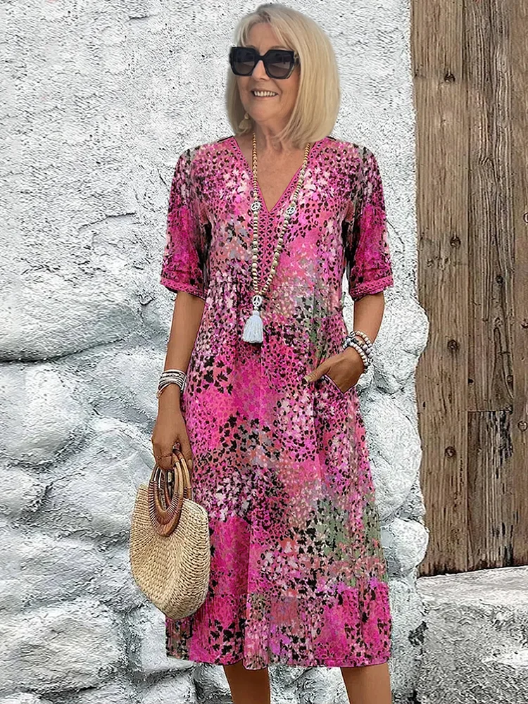 Arabella | Vibrant Pattern Midi Dress — Blush Pink — Alfa Empire, view 4