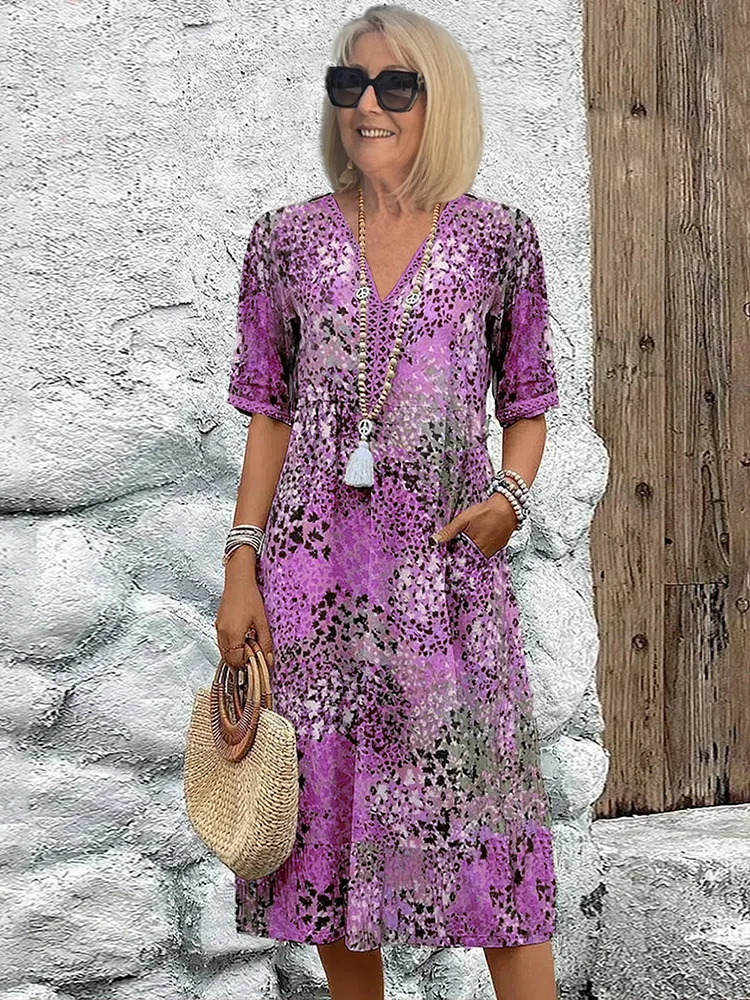 Arabella | Vibrant Pattern Midi Dress — Lavender Purple — Alfa Empire, view 5