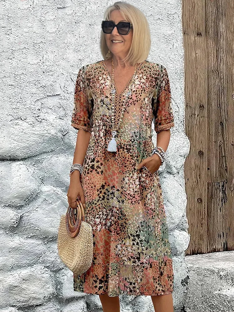 Arabella | Vibrant Pattern Midi Dress — Sandy Beige — Alfa Empire, view 6