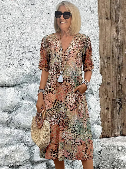 Arabella | Vibrant Pattern Midi Dress — Sandy Beige — Alfa Empire, view 6