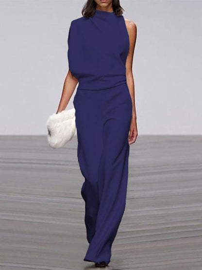 Arielle | Refined Sleeveless Draped Wide-Leg Jumpsuit — Deep Blue — Alfa Empire, view 10