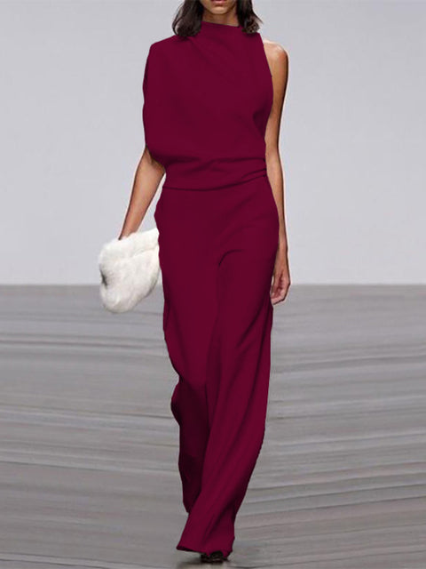 Arielle | Refined Sleeveless Draped Wide-Leg Jumpsuit — Wine Red — Alfa Empire, view 13