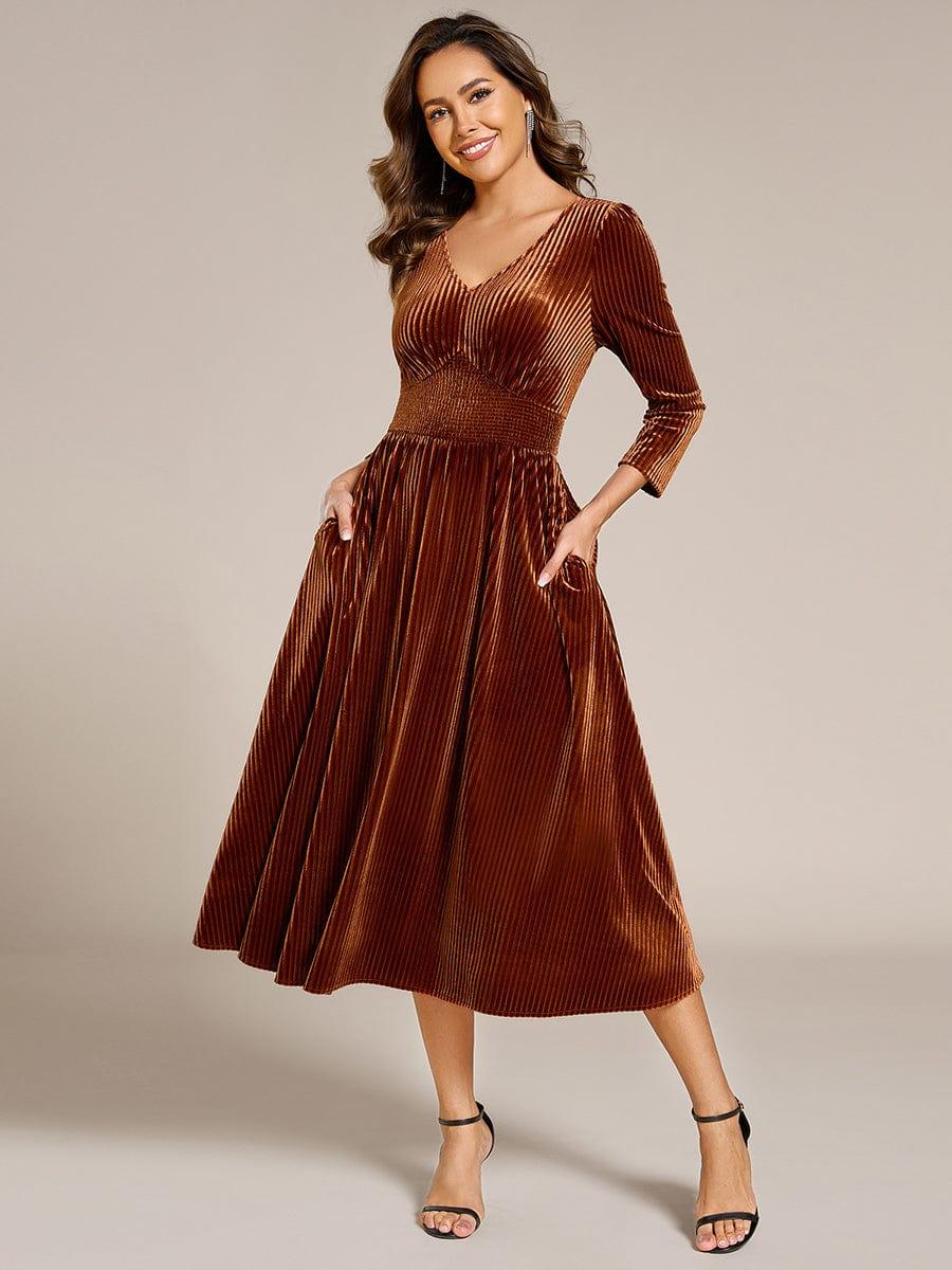 Velvet Long Sleeve High Stretch Tea Length Wedding Guest Dress — Caramel