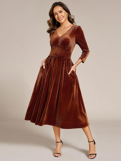 Velvet Long Sleeve High Stretch Tea Length Wedding Guest Dress — Caramel