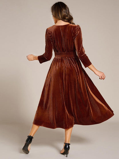Velvet Long Sleeve High Stretch Tea Length Wedding Guest Dress