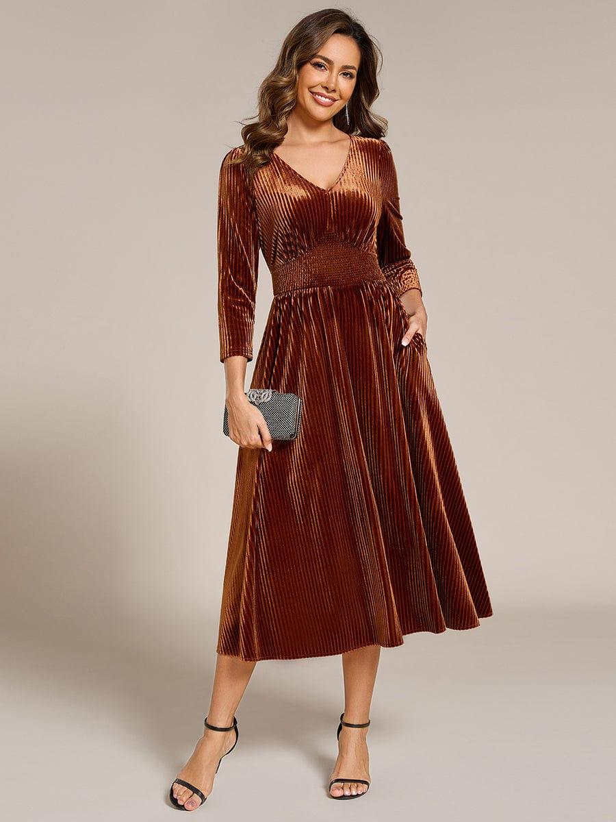 Velvet Long Sleeve High Stretch Tea Length Wedding Guest Dress