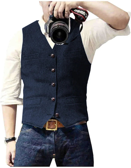 Arthur | Classic Herringbone Tweed Waistcoat — Navy Blue — Alfa Empire, view 1