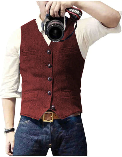Arthur | Classic Herringbone Tweed Waistcoat — Burgundy — Alfa Empire, view 6
