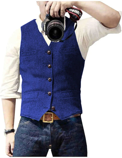 Arthur | Classic Herringbone Tweed Waistcoat — Royal Blue — Alfa Empire, view 9