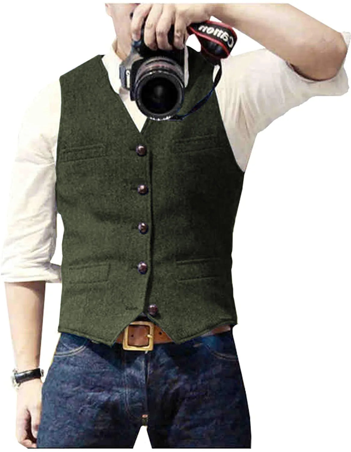 Arthur | Classic Herringbone Tweed Waistcoat — Army Green — Alfa Empire, view 11