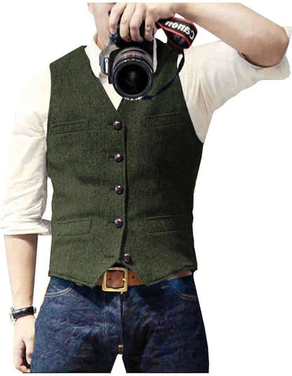 Arthur | Classic Herringbone Tweed Waistcoat — Army Green — Alfa Empire, view 11