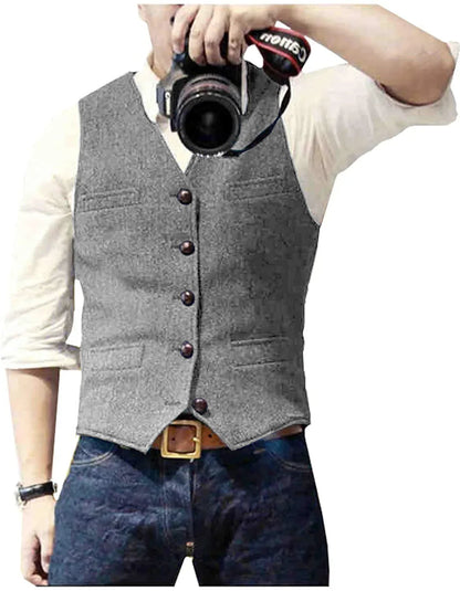 Arthur | Classic Herringbone Tweed Waistcoat — Silver — Alfa Empire, view 12