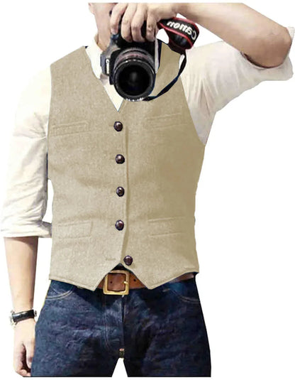 Arthur | Classic Herringbone Tweed Waistcoat — Champagne — Alfa Empire, view 13