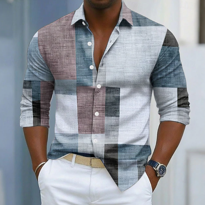 Ashton | Classic Color Block Patchwork Shirt — Blue — Alfa Empire, view 2