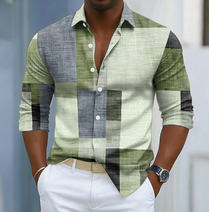 Ashton | Classic Color Block Patchwork Shirt — Light Green — Alfa Empire, view 3