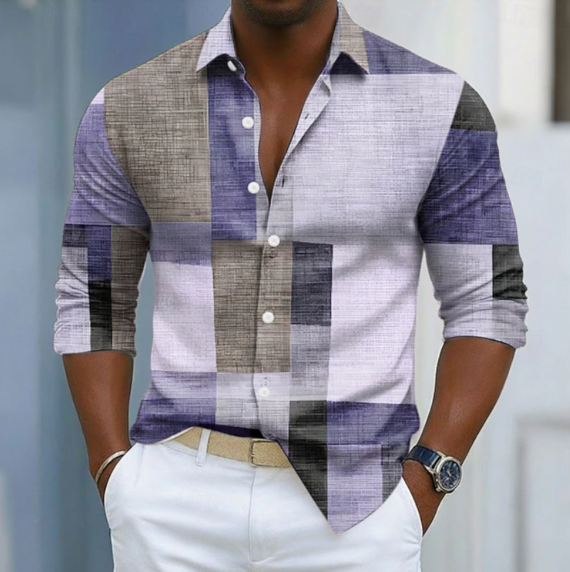 Ashton | Classic Color Block Patchwork Shirt — Purple — Alfa Empire, view 4