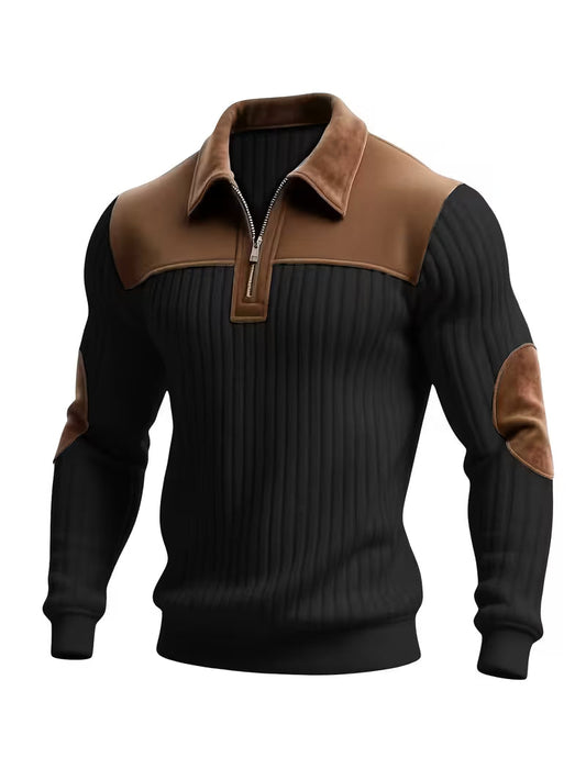 Ashton | Classic Color-Block Collar Zip Sweater — Black — Alfa Empire, view 2