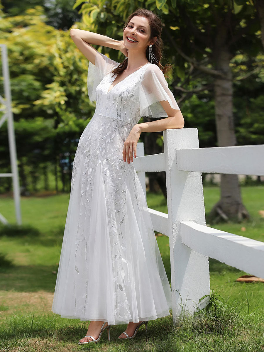 Sequin Shimmery Ruffle Sleeves Maxi Evening Dress — White