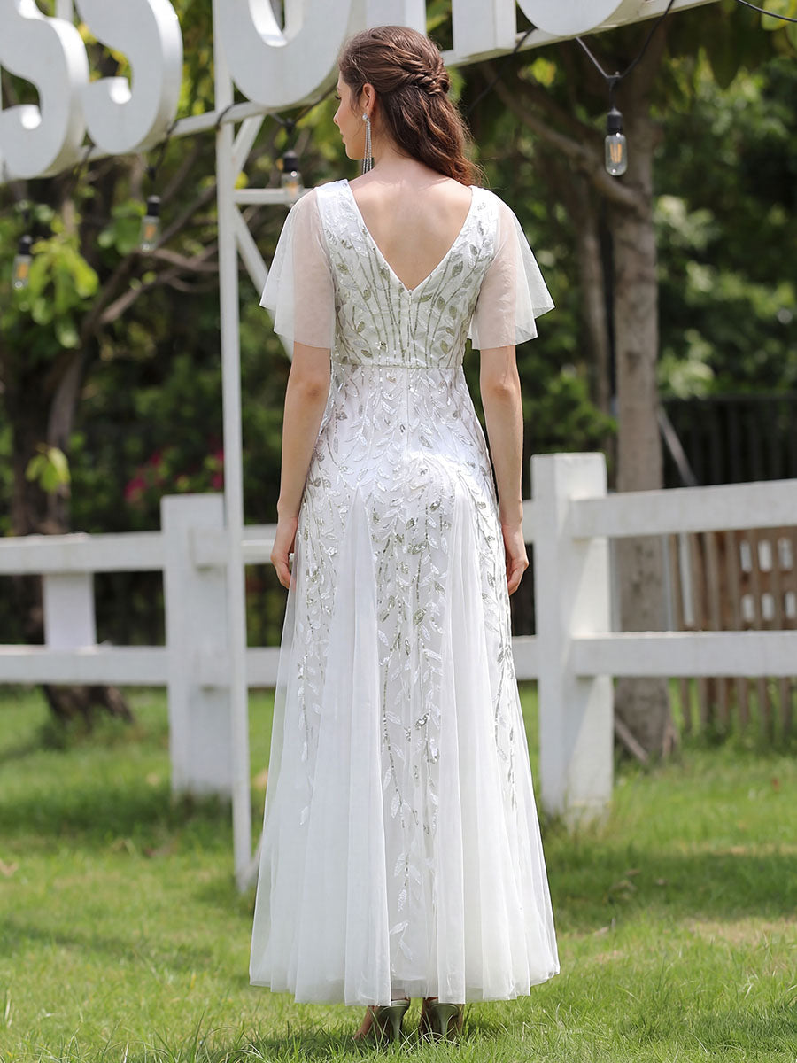 Sequin Shimmery Ruffle Sleeves Maxi Evening Dress