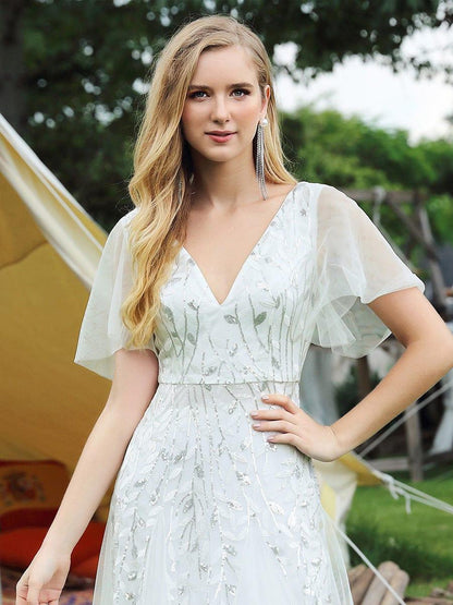 Sequin Shimmery Ruffle Sleeves Maxi Evening Dress