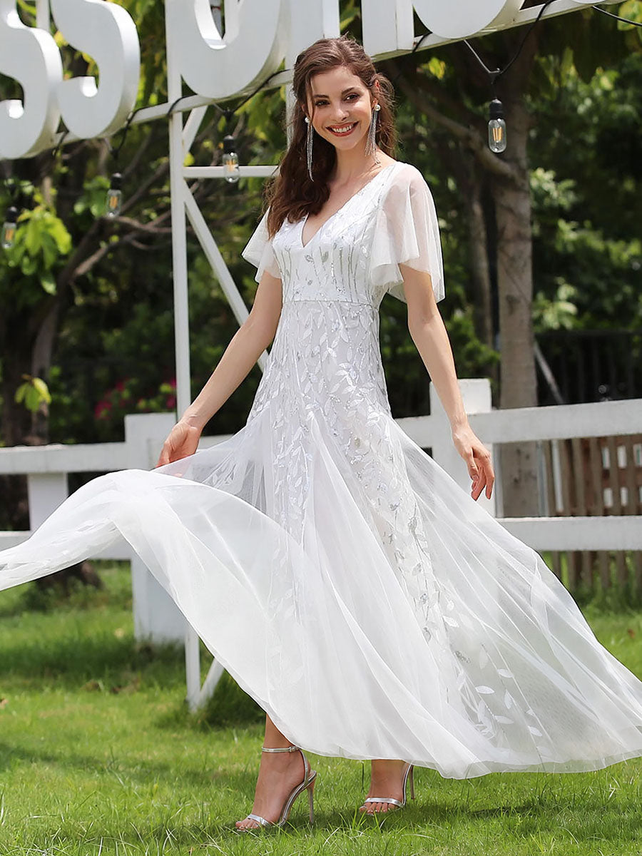 Sequin Shimmery Ruffle Sleeves Maxi Evening Dress