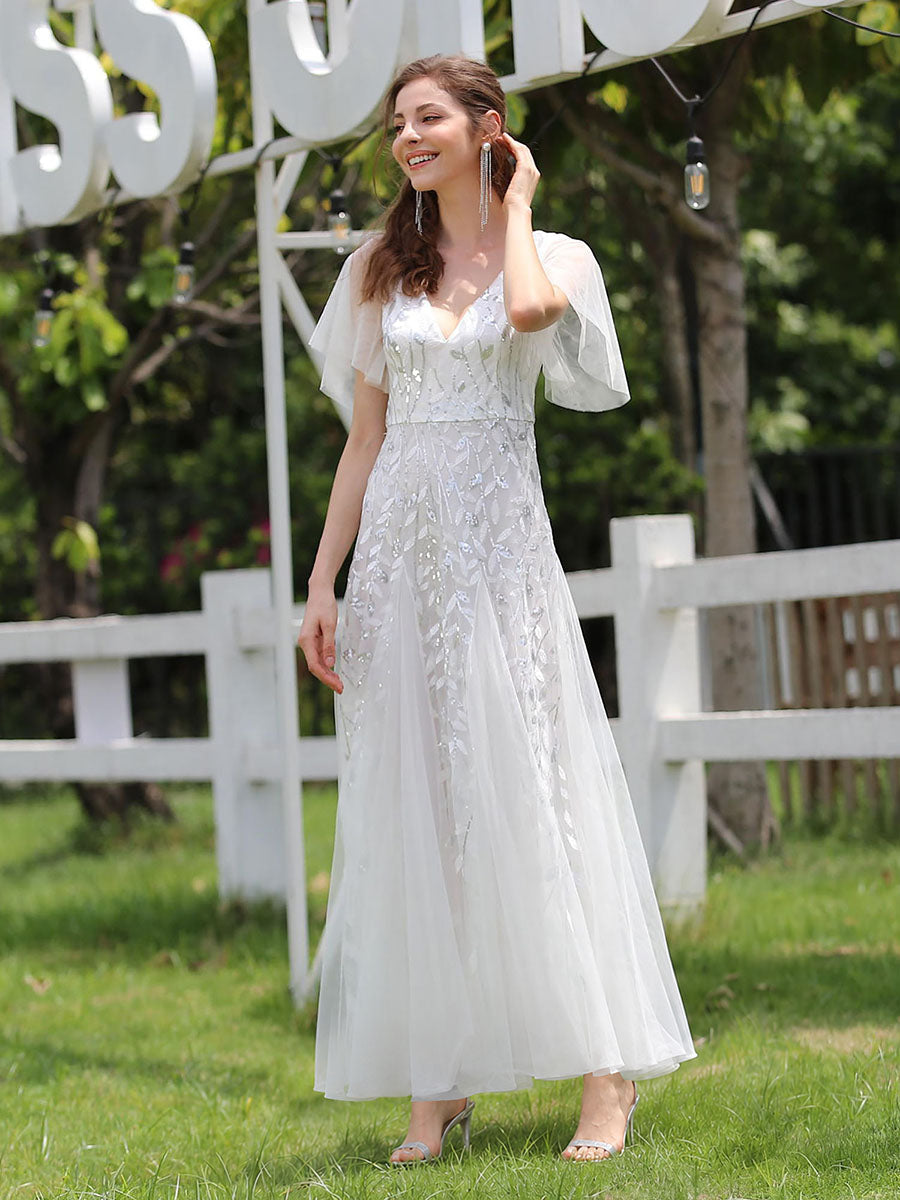 Sequin Shimmery Ruffle Sleeves Maxi Evening Dress