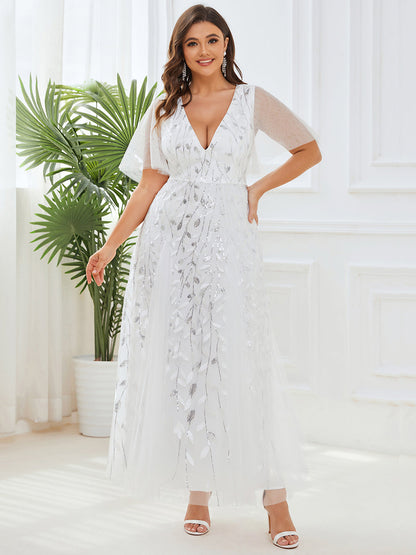 Sequin Shimmery Ruffle Sleeves Maxi Evening Dress