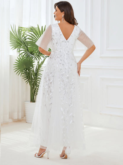 Sequin Shimmery Ruffle Sleeves Maxi Evening Dress