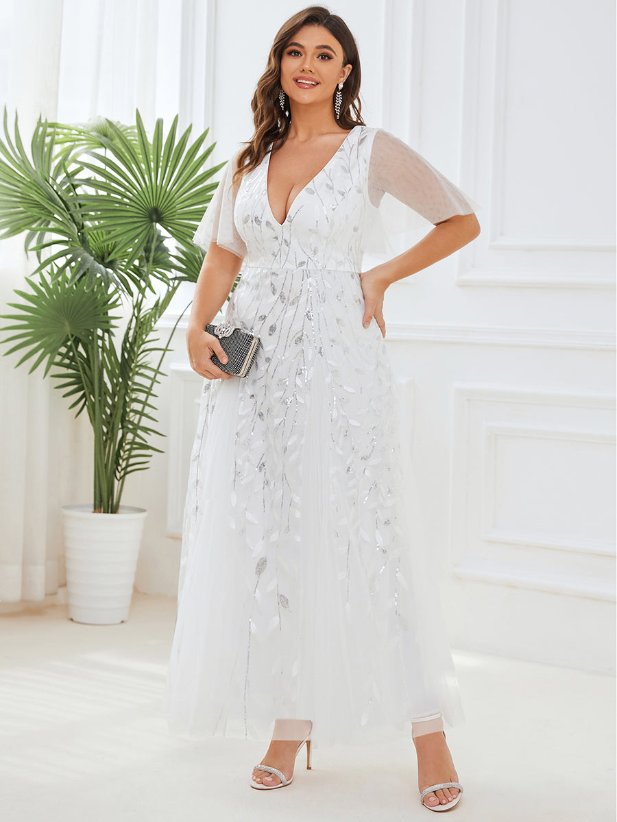 Sequin Shimmery Ruffle Sleeves Maxi Evening Dress