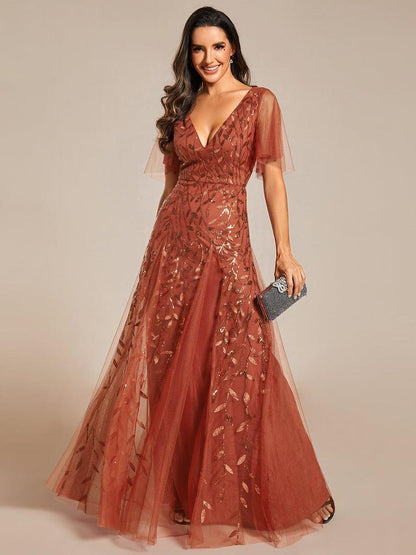 Sequin Shimmery Ruffle Sleeves Maxi Evening Dress — Burnt Orange