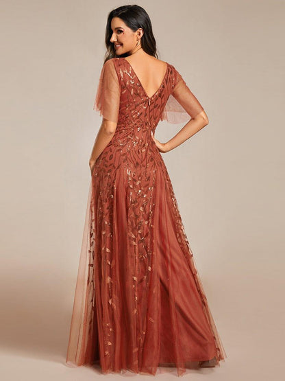 Sequin Shimmery Ruffle Sleeves Maxi Evening Dress